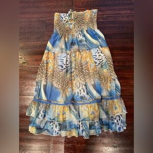 LAPIS Girls Size Small Blue & Gold Gathered Elastic Tube Top Dress